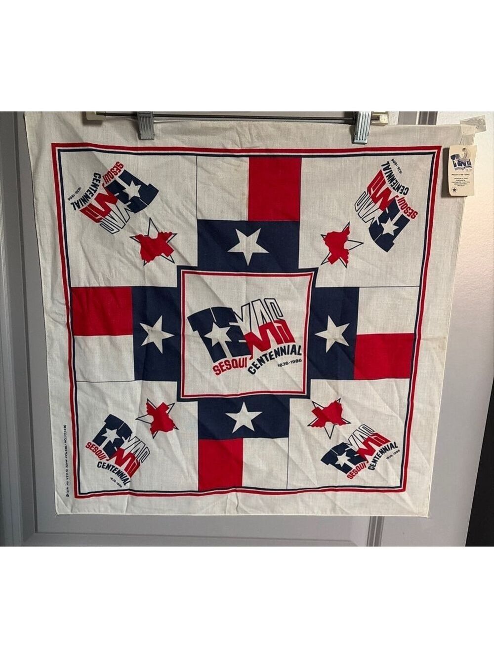 Vtg 1986 Unbranded Texas Sesquicentennial Scarf One Size White Red Blue #0025